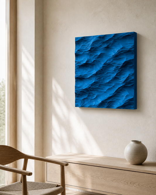 Ocean Wave Frameless 3D wood wall art catching side light on a warm white gallery wall