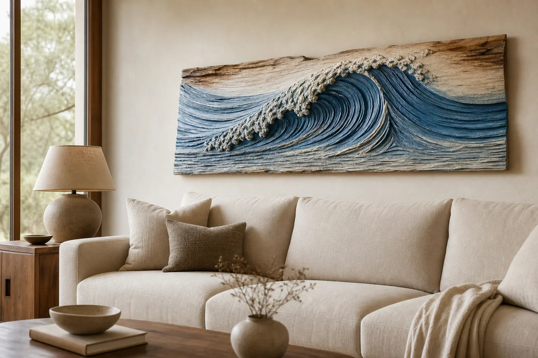 Calm handmade wall art styled in a soft neutral bedroom setting