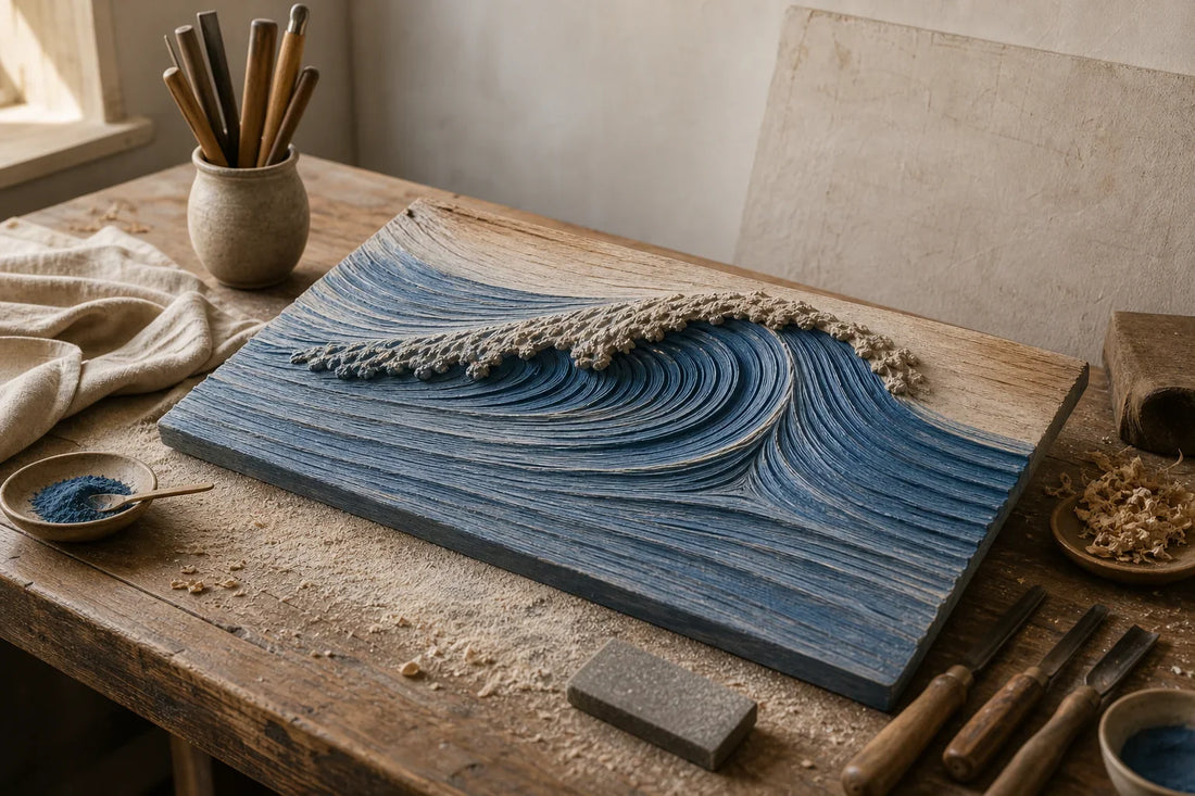 Blue carved wood wave wall art in progress on an artisan worktable