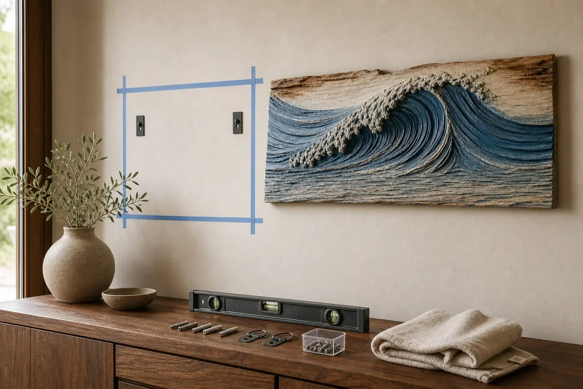 Blue carved wave wall art with level, hardware, and tape marks for careful installation planning