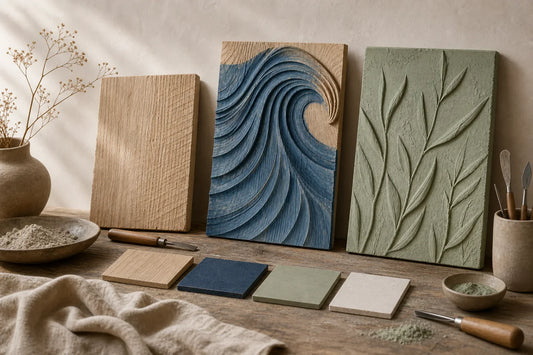 Wood, carved blue wave texture, and green plaster samples for handmade wall art materials