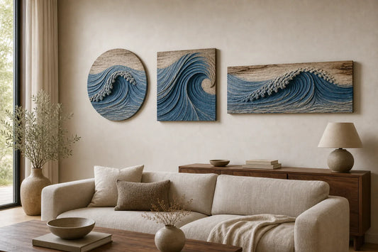 Round, square, and horizontal blue wave wall art shown above a sofa for size planning
