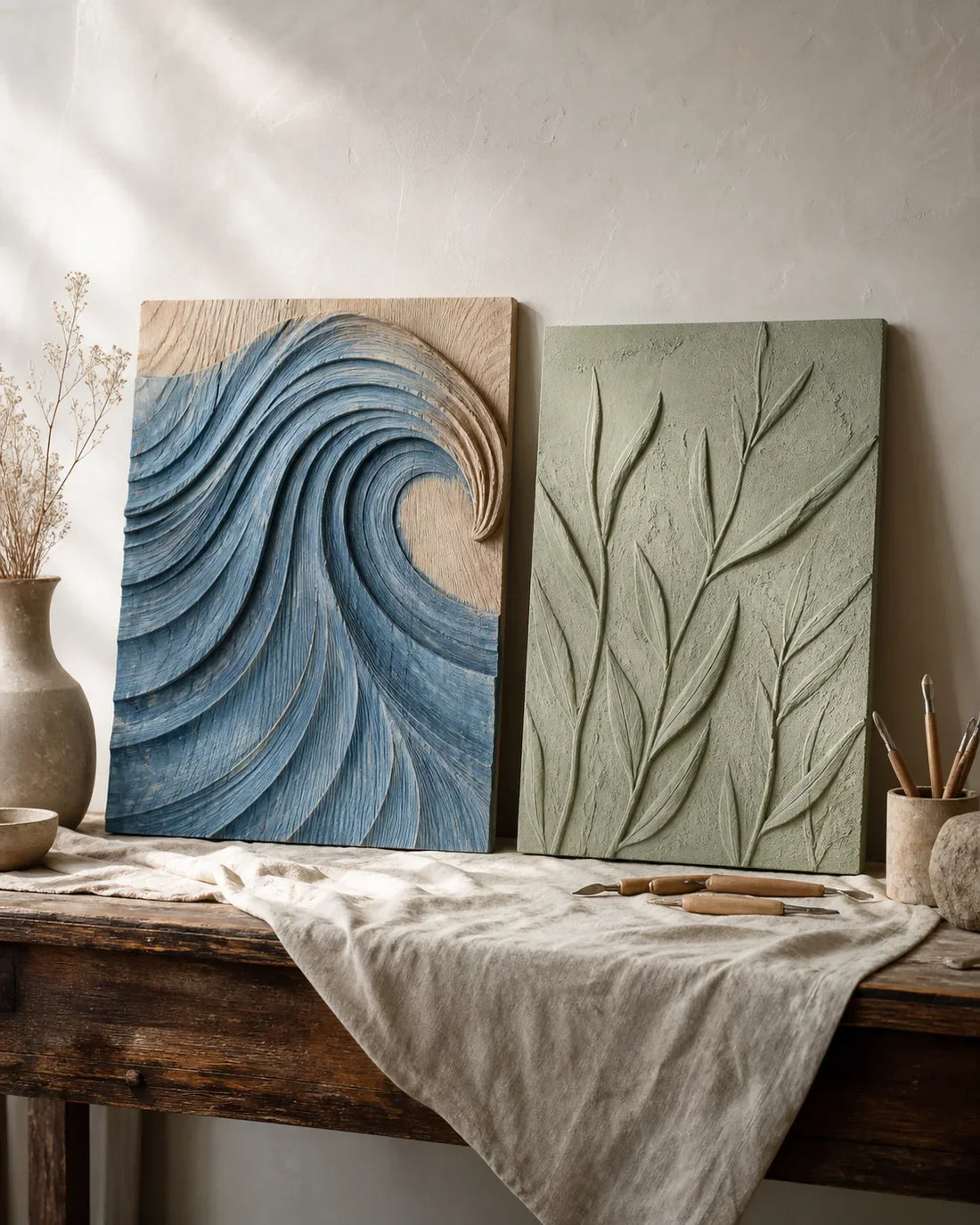 Blue carved wood wave art beside green textured plaster botanical art in an artisan studio