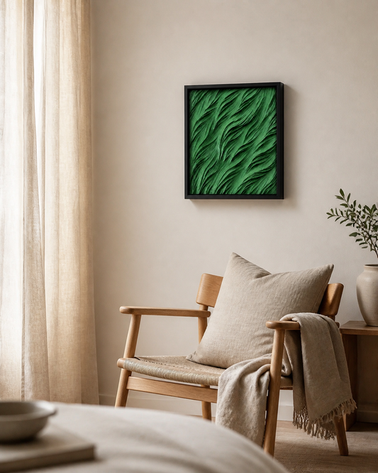 Verdanta botanical wall art in a black frame above a light oak reading chair