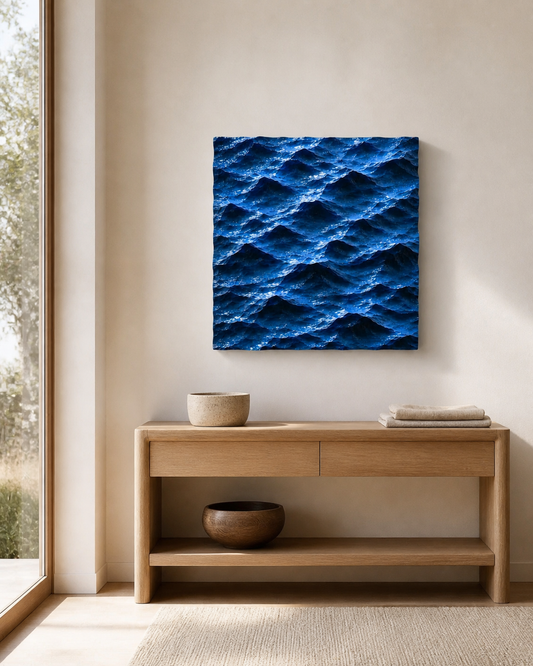 Master Wave Square blue carved wood wall art above a pale wood console in a modern entryway