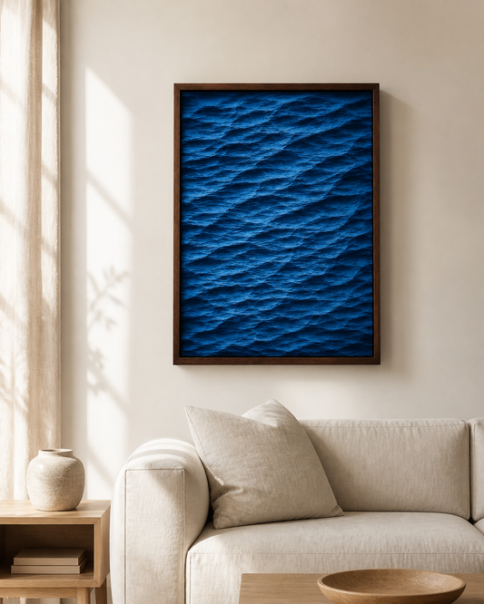 Ocean Wave Framed blue carved wood relief wall art above a neutral sofa in a calm living room