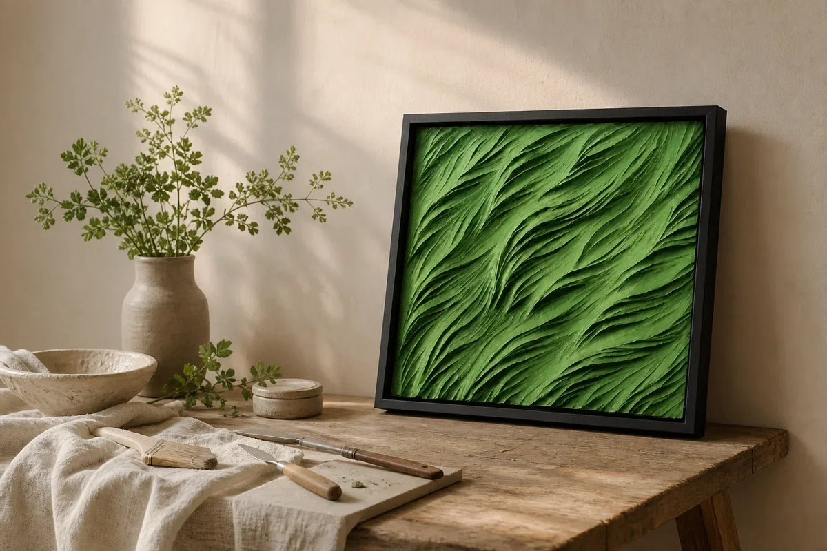 Textured handmade wall art catching soft side light in a calm studio corner