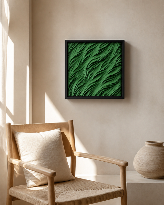 Verdanta green textured plaster wall art catching soft side light in a quiet reading corner