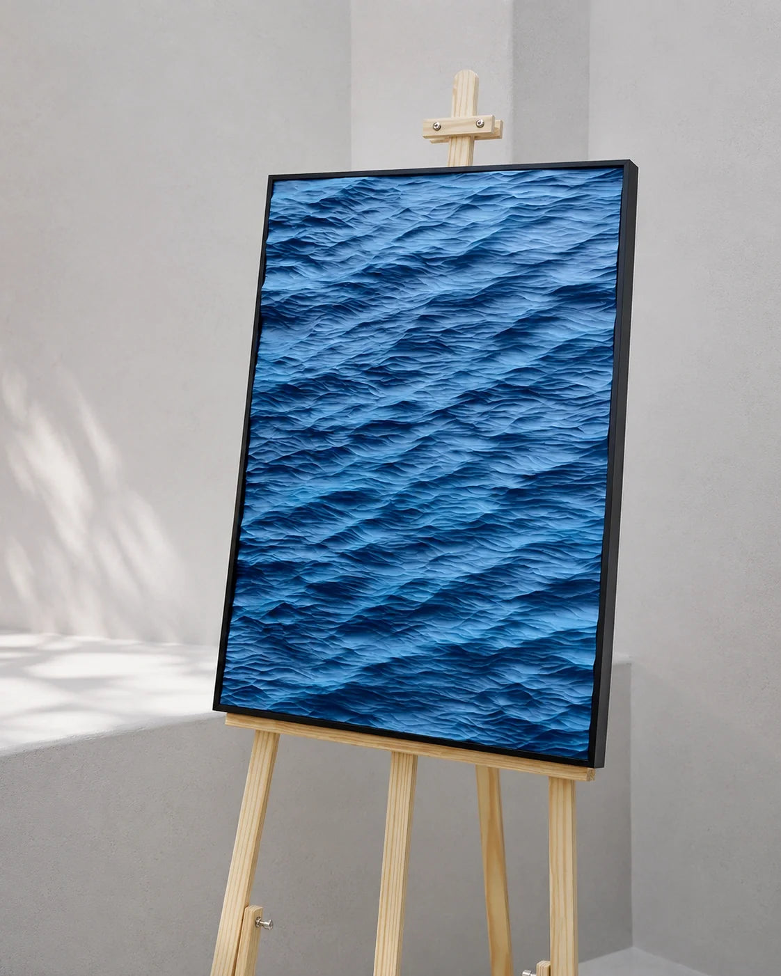 Blue ocean wave wall art with raised carving
